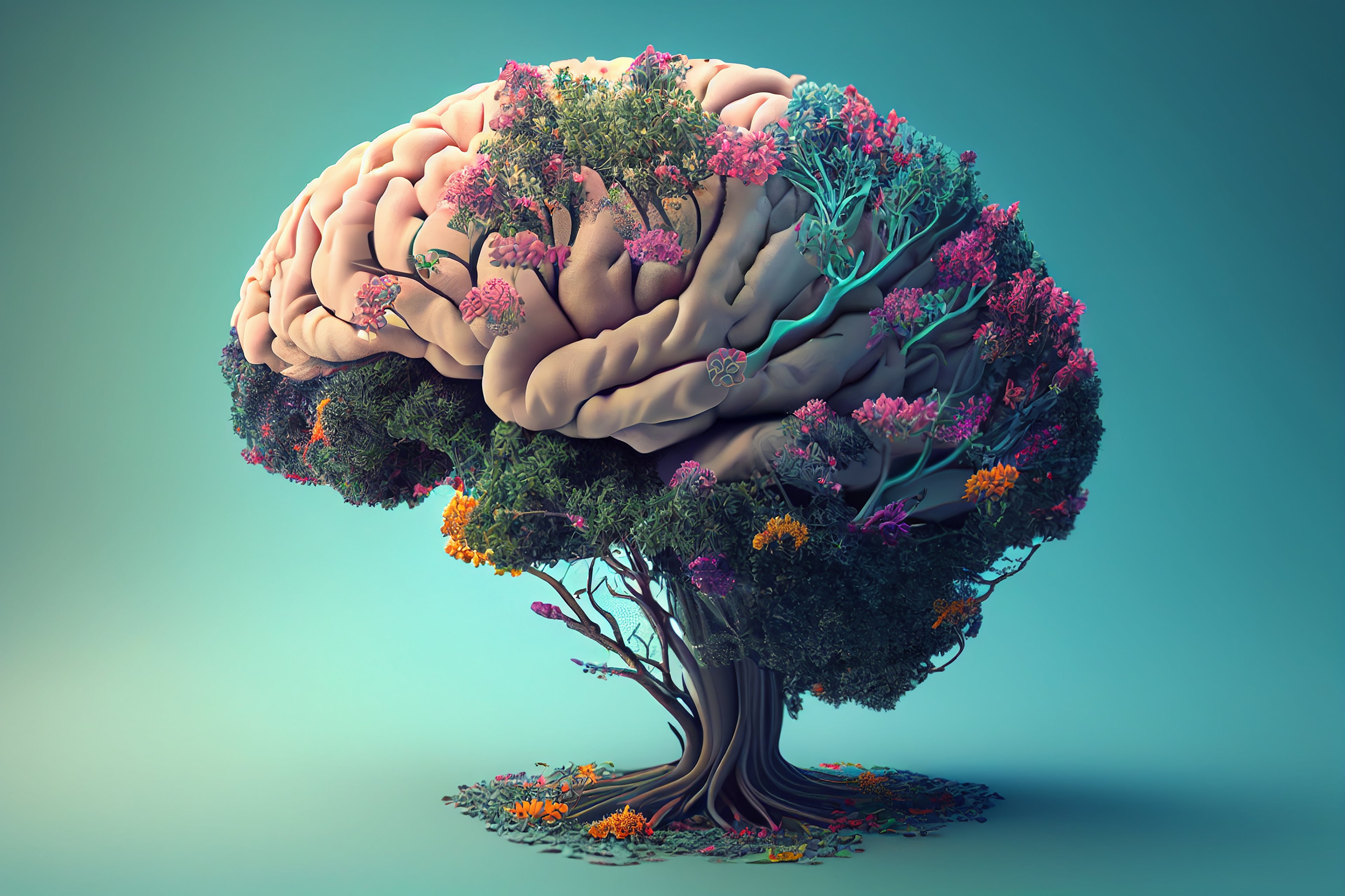 a brain is filled with wildflowers to represent the blooming of the mind garden